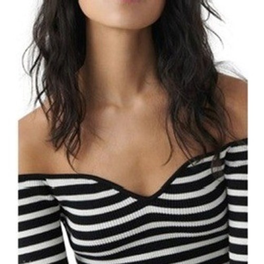 ba&sh Owais Striped Knit Top M Black White Off Shoulder Sweetheart Ribbed